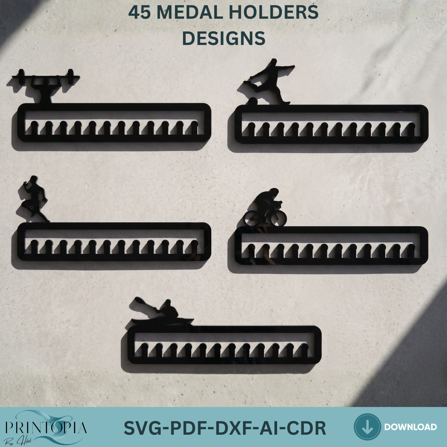 45 Medal Holder Designs SVG Bundle, Acrylic Sport Awards Hanger Templates, Trophy Medals Rack,