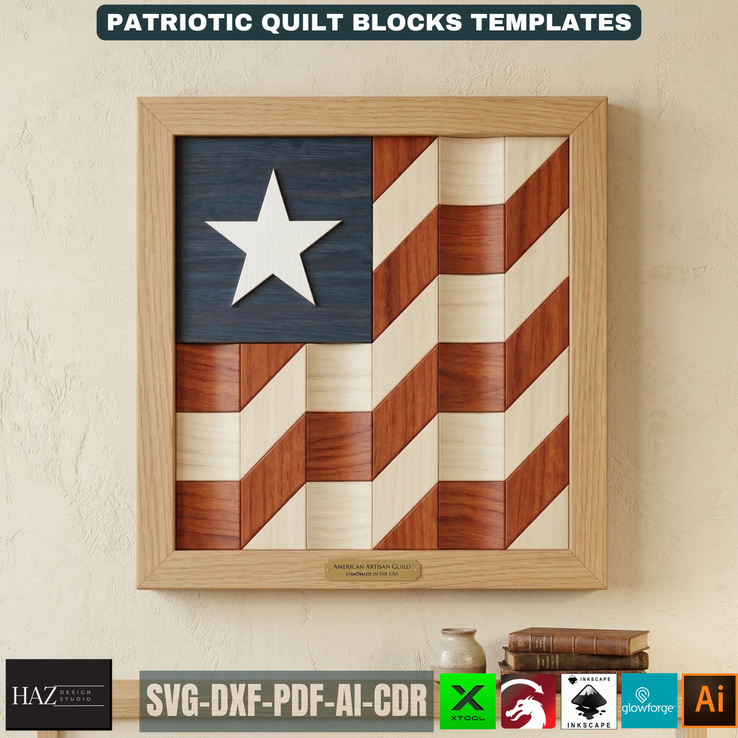 Patriotic Barn Quilt Block Pattern, Independence Day Wood Wall Art, American Flag Patchwork Frame 525