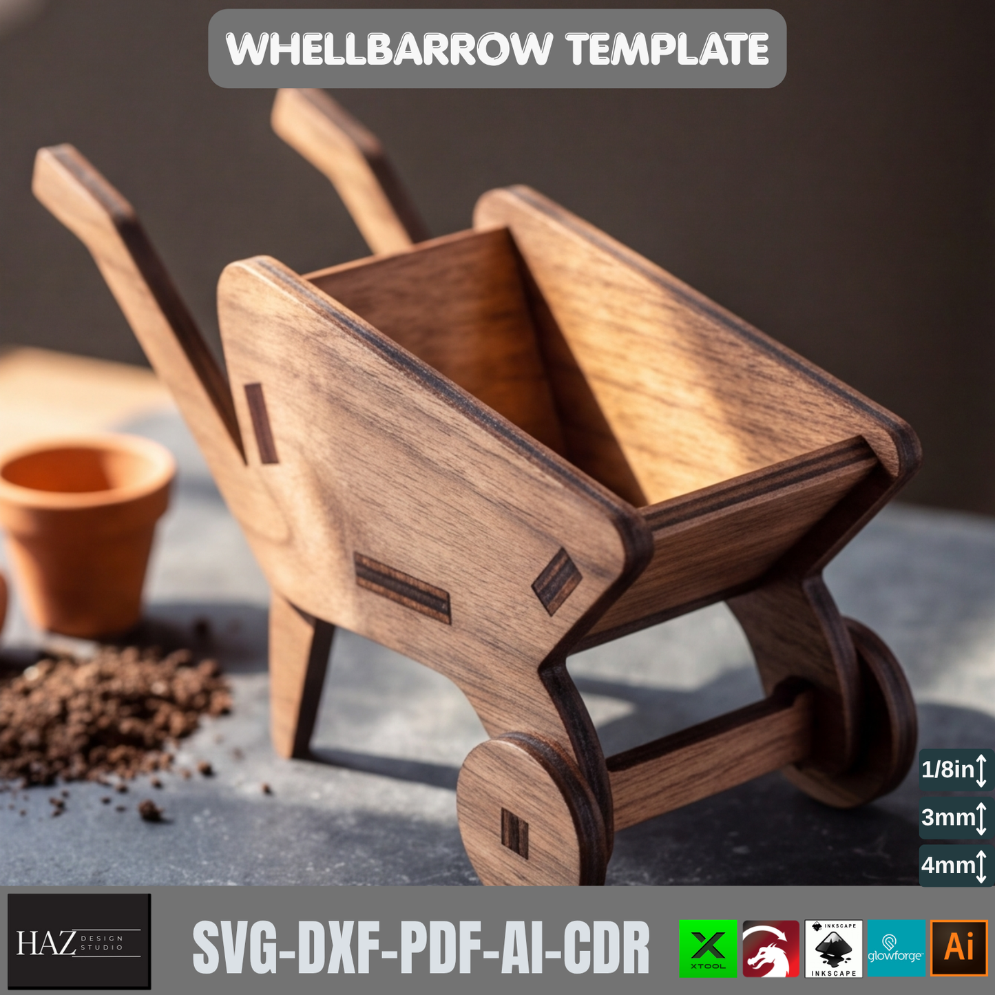 Wheelbarrow Planter Laser Cut File SVG DXF Garden Cart Miniature Wood Decor
