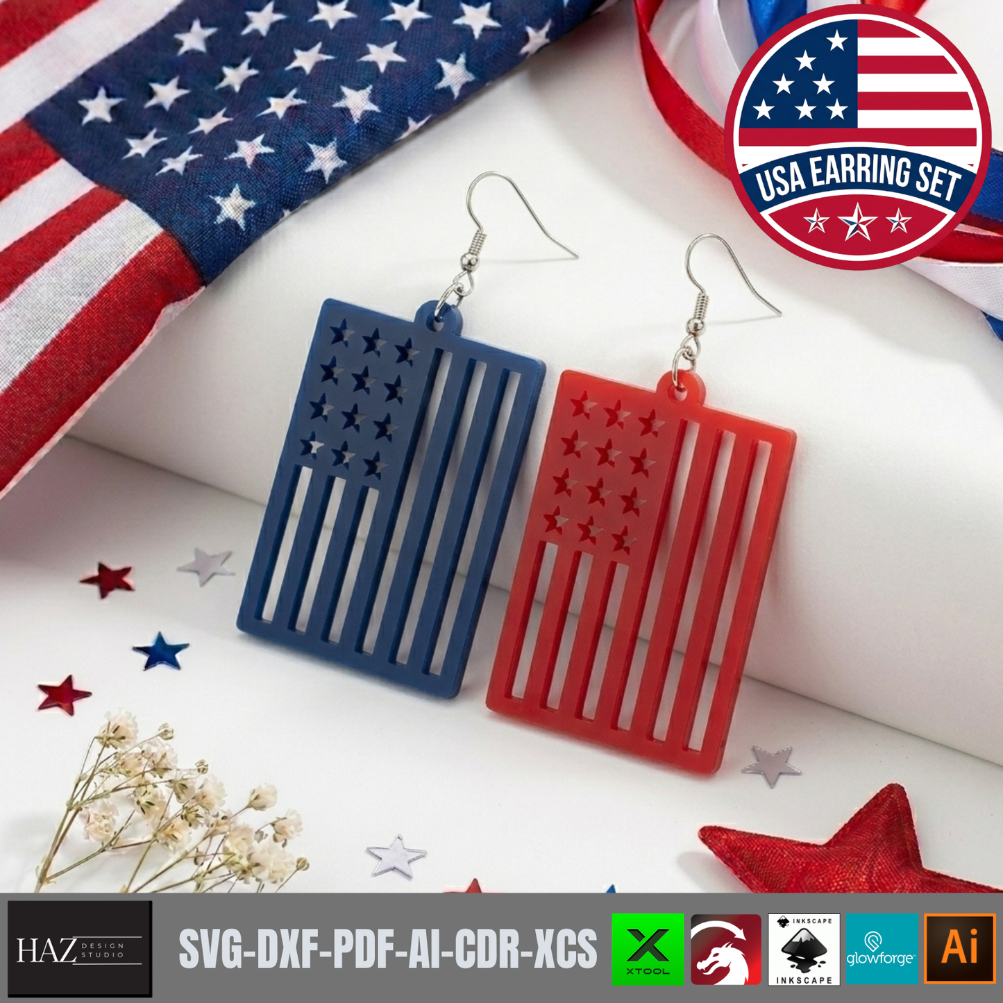 USA Flag Earring SVG Bundle, 4th of July Laser Cut File, Patriotic Acrylic Earring Template, Veteran Gift