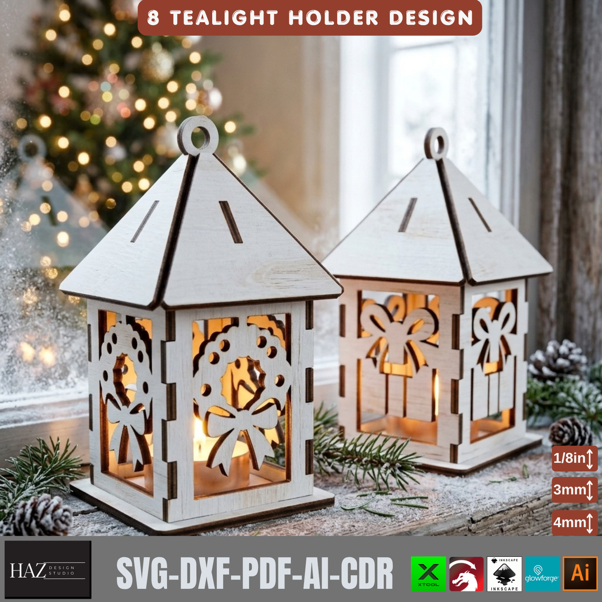 8 Christmas Tealight Lantern Laser Cut Pattern Wooden Candle Holder Template