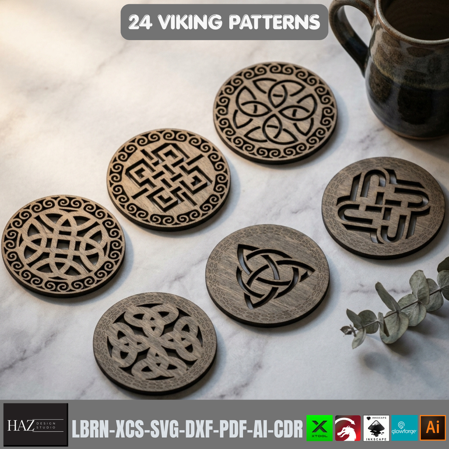 24 Viking Celtic Knot Coaster Laser Cut Patterns Bundle Norse Mythology Wood