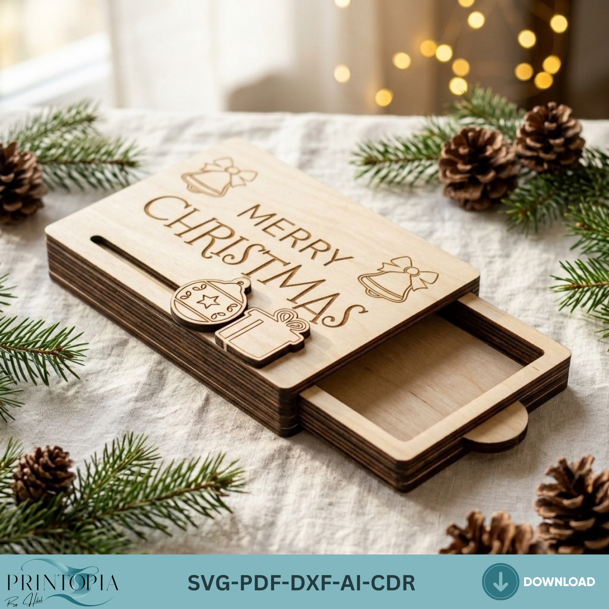 Sliding Drawer Gift Card Box Laser Cut Template – Festive Christmas Wood Design