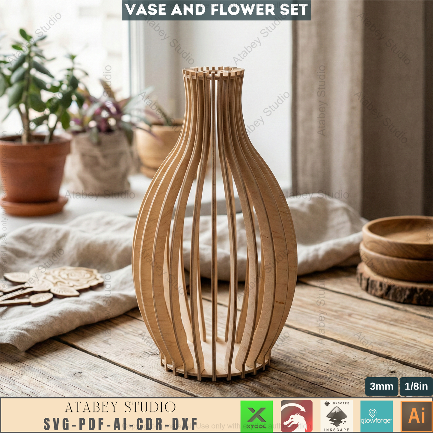 Laser Cut Wooden Vase with Flowers SVG Bundle - 5 Elegant Vases & 6 Wildflower Designs, 3D Layered Floral Table Decor 984