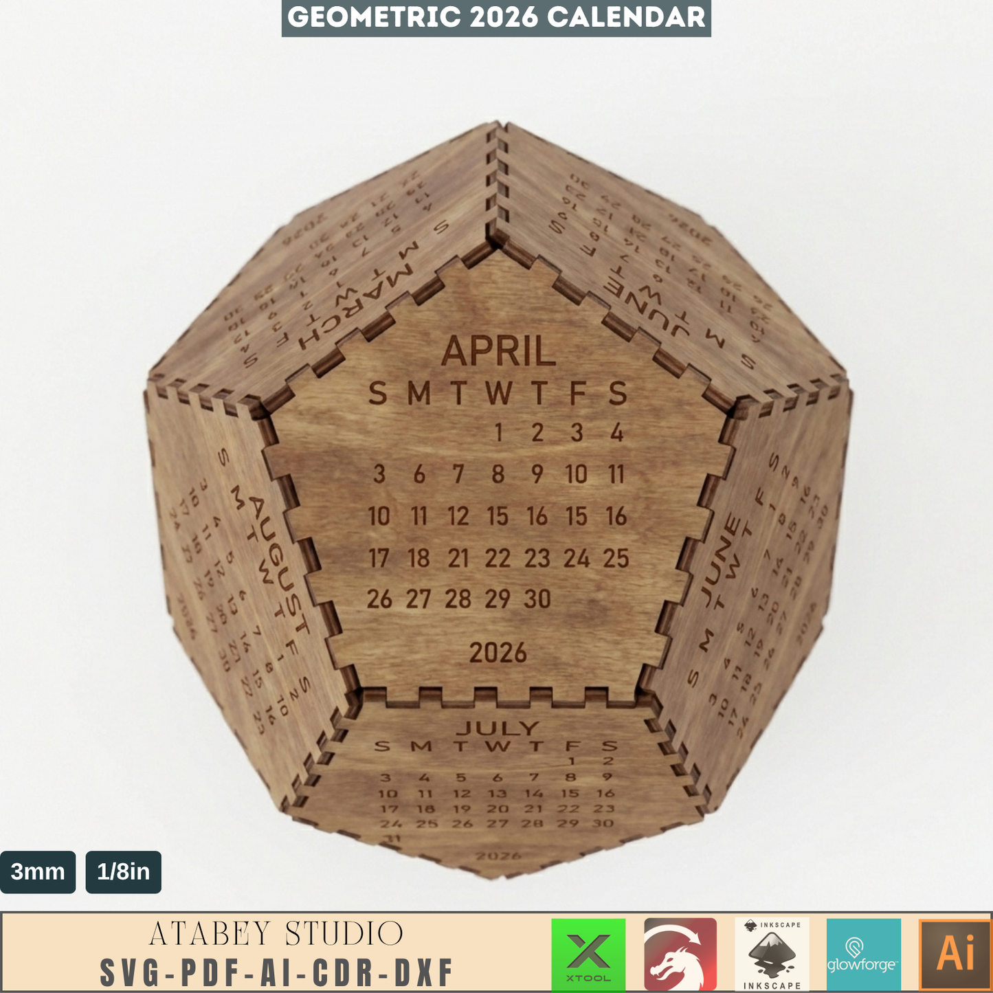 2026 Dodecahedron Desk Calendar LaserCut Wooden Geometric 12 Sided Calendar 3D Desktop Decor