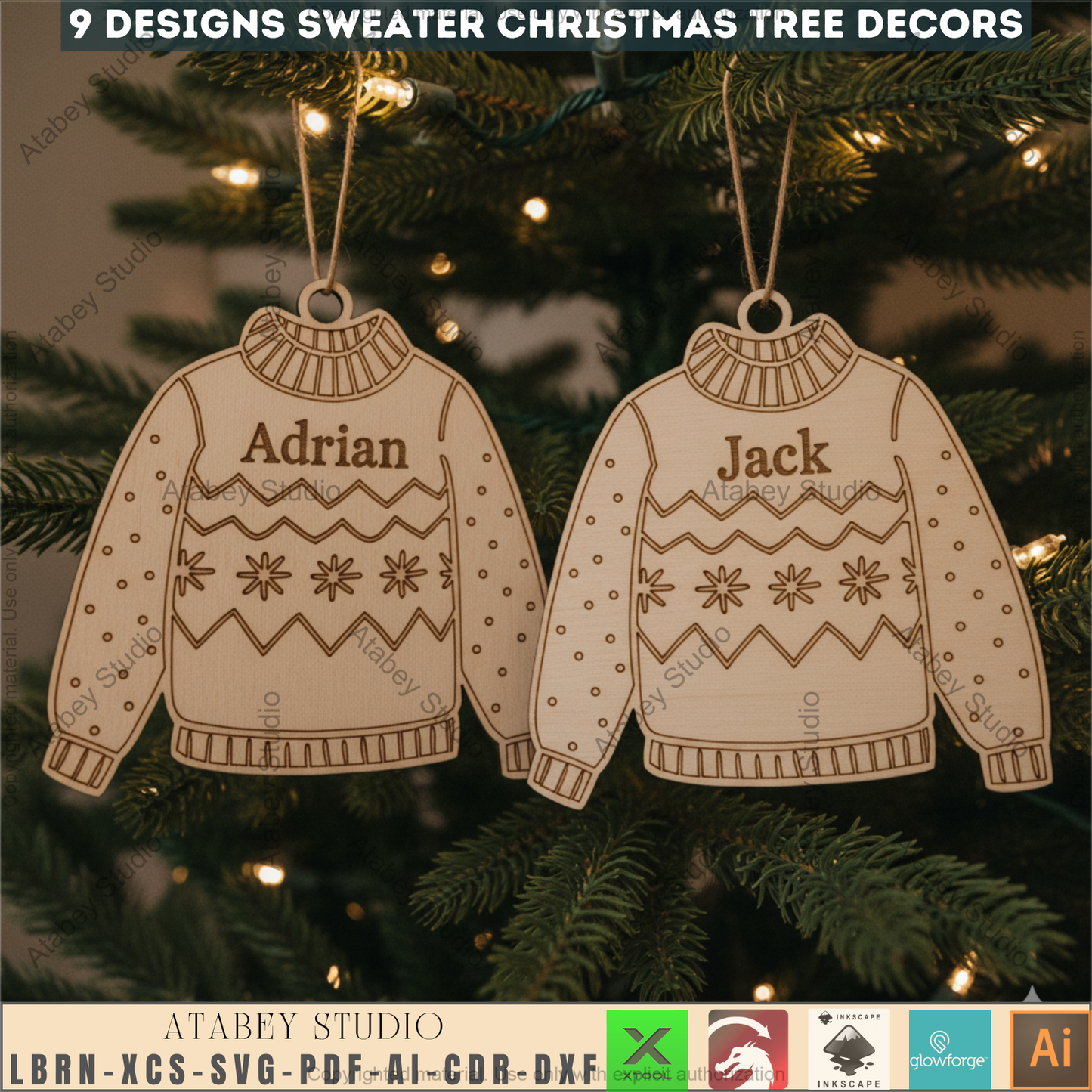 Personalized Ugly Sweater Christmas Ornament Bundle | Family Name Laser Cut Templates | DIY Xmas Decor 971