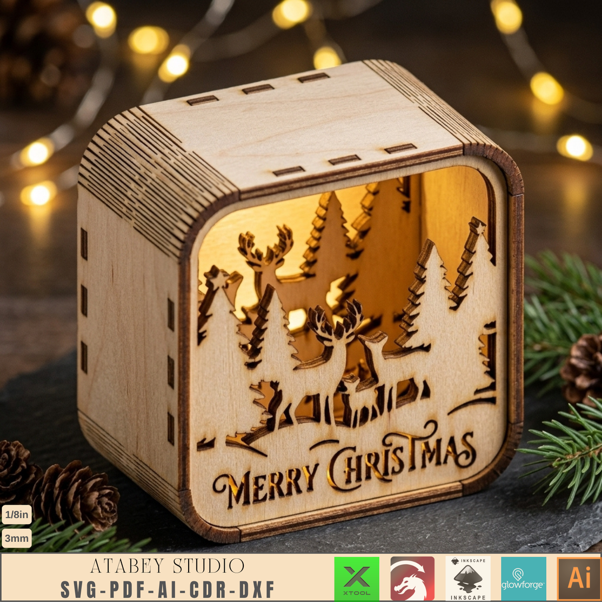 Wooden Christmas Shadow Box Lantern, Reindeer Santa Sleigh Candle Box Plans, Xmas Mantel Laser File