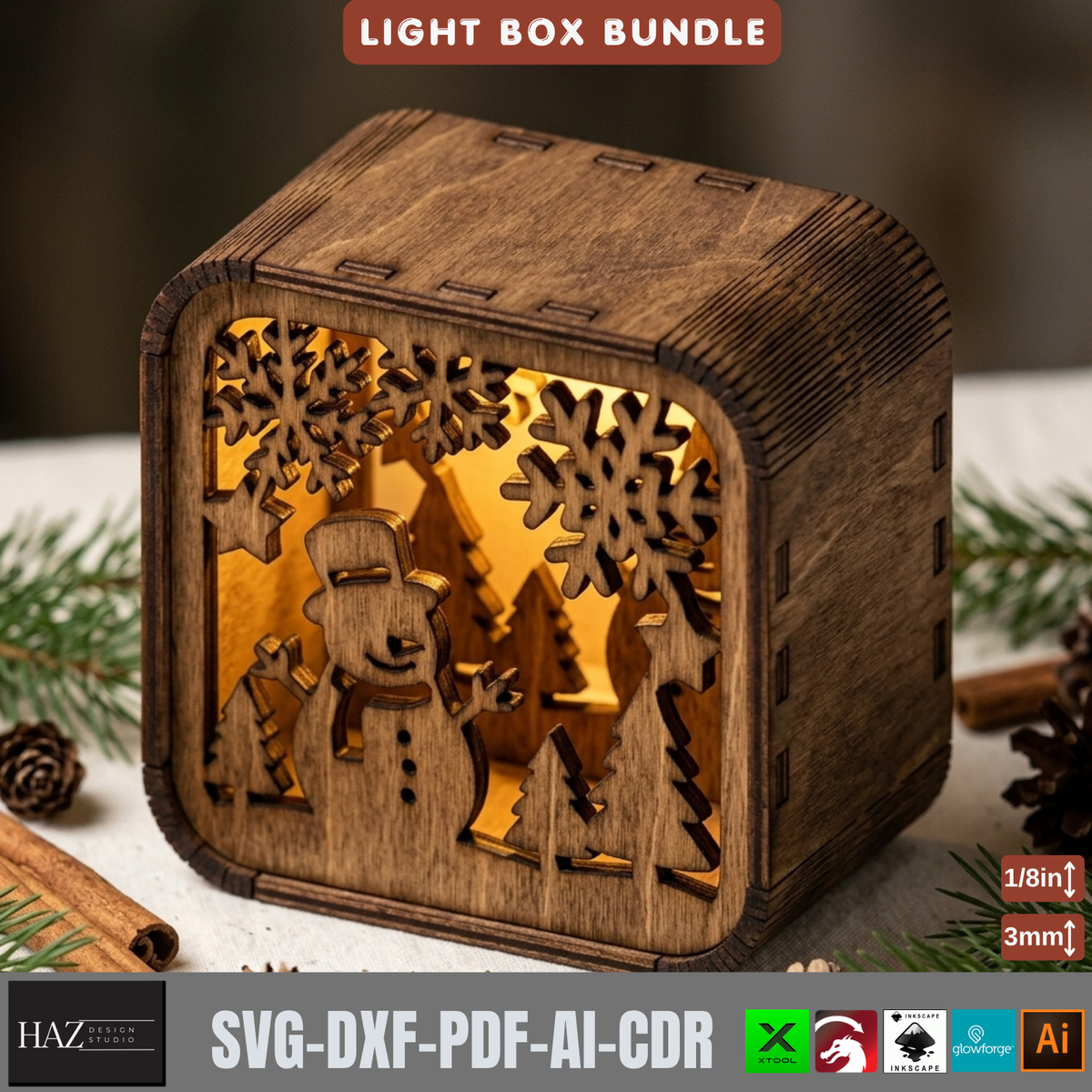 16 Rustic Christmas Shadow Box Night Light, Layered Snowman Cabin Lantern Plans, Holiday Mantel Decor 576