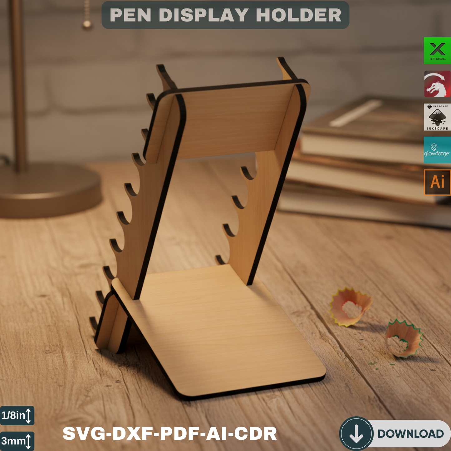 Laser Cut Pen Holder SVG, Wooden Pencil Stand, Desk Organizer for Pens, Digital Files for Glowforge XTool