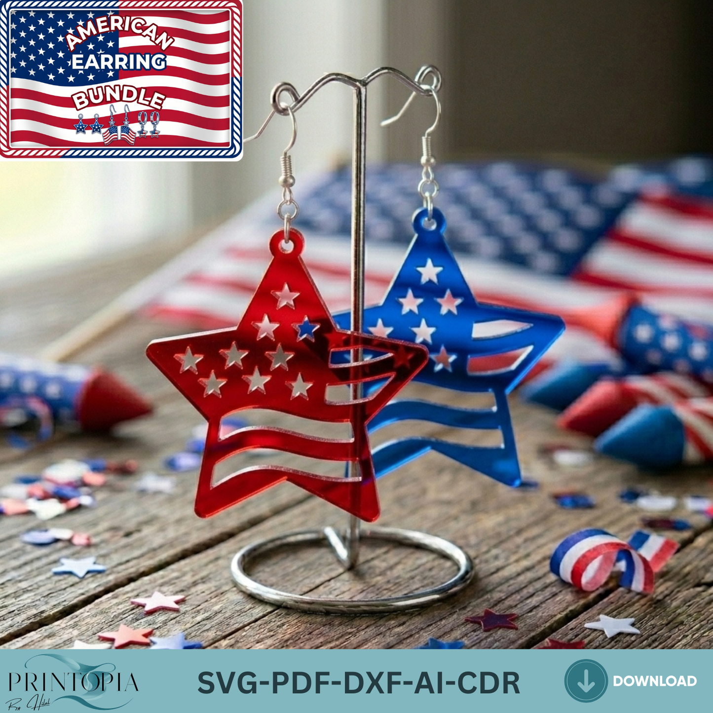 Patriotic Earring SVG Bundle, 4th of July Laser Cut File, USA Flag Acrylic Earrings DXF