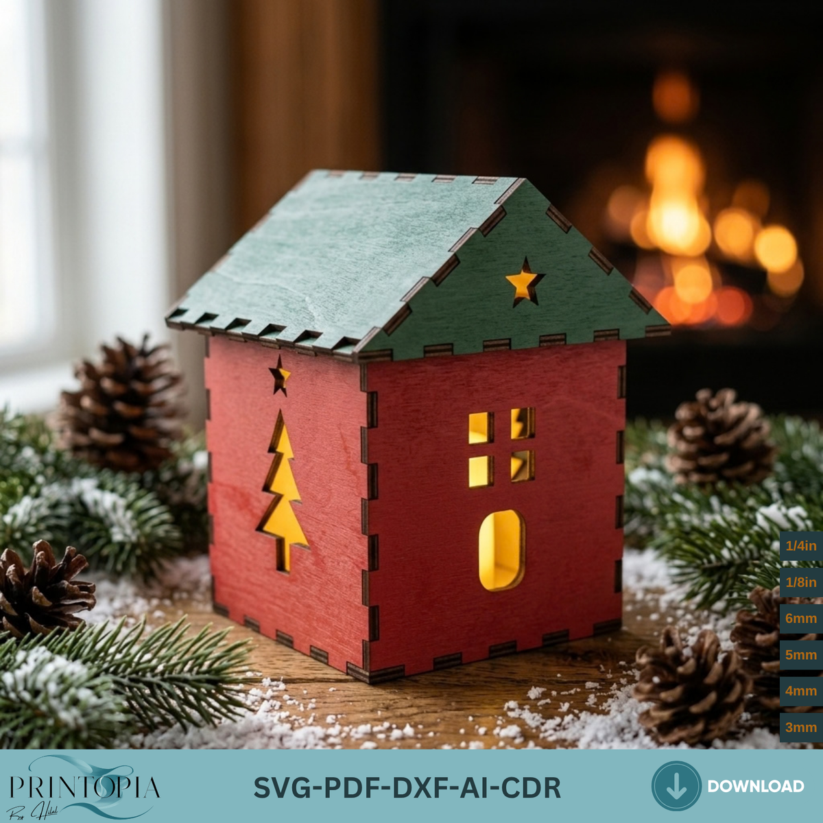 Christmas House Tealight Holder Laser Cut Template, Wooden Holiday Lanternn373