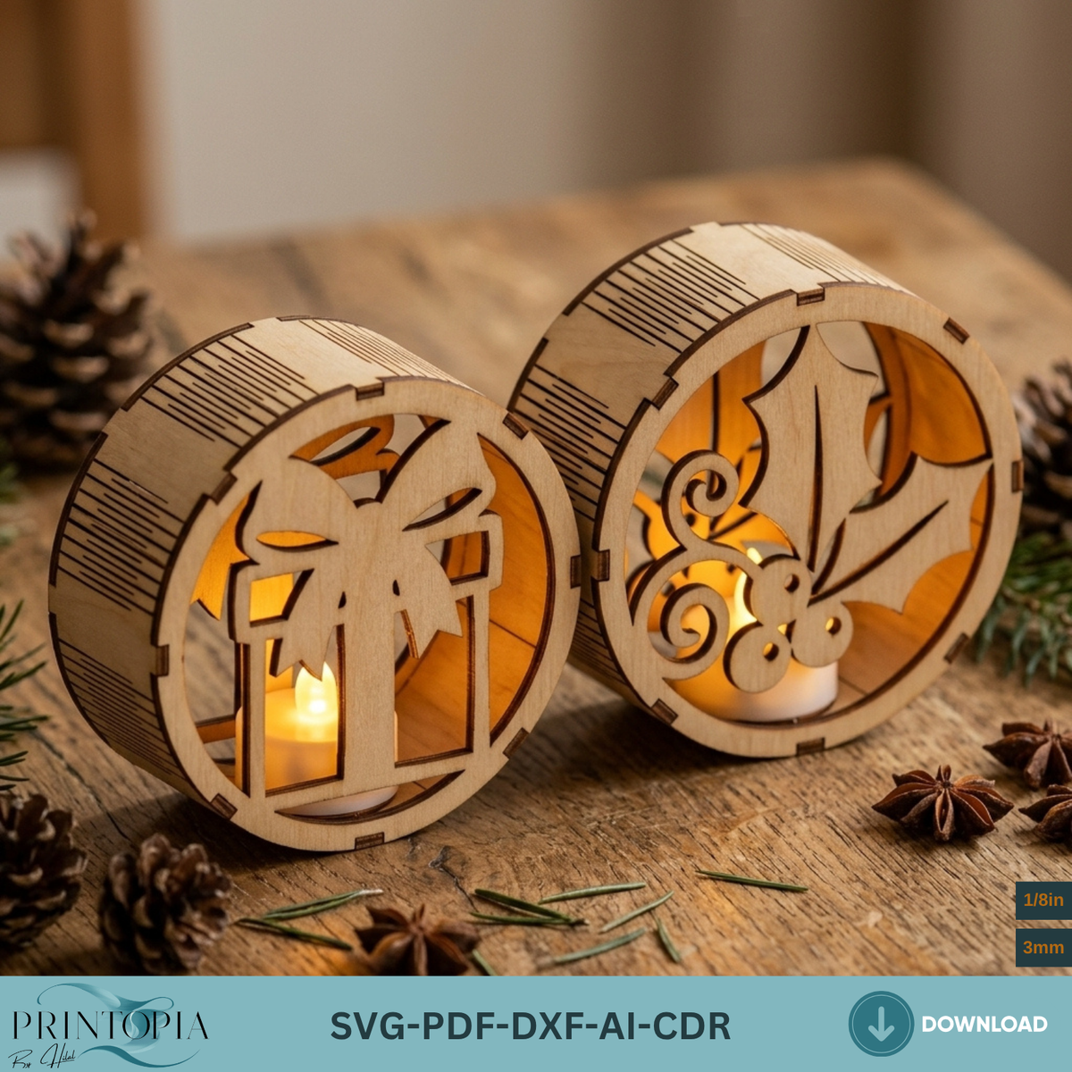 Laser Cut Christmas Night Light Bundle, Round Wooden Lanterns, DIY Holiday Candle Holder Designs 380