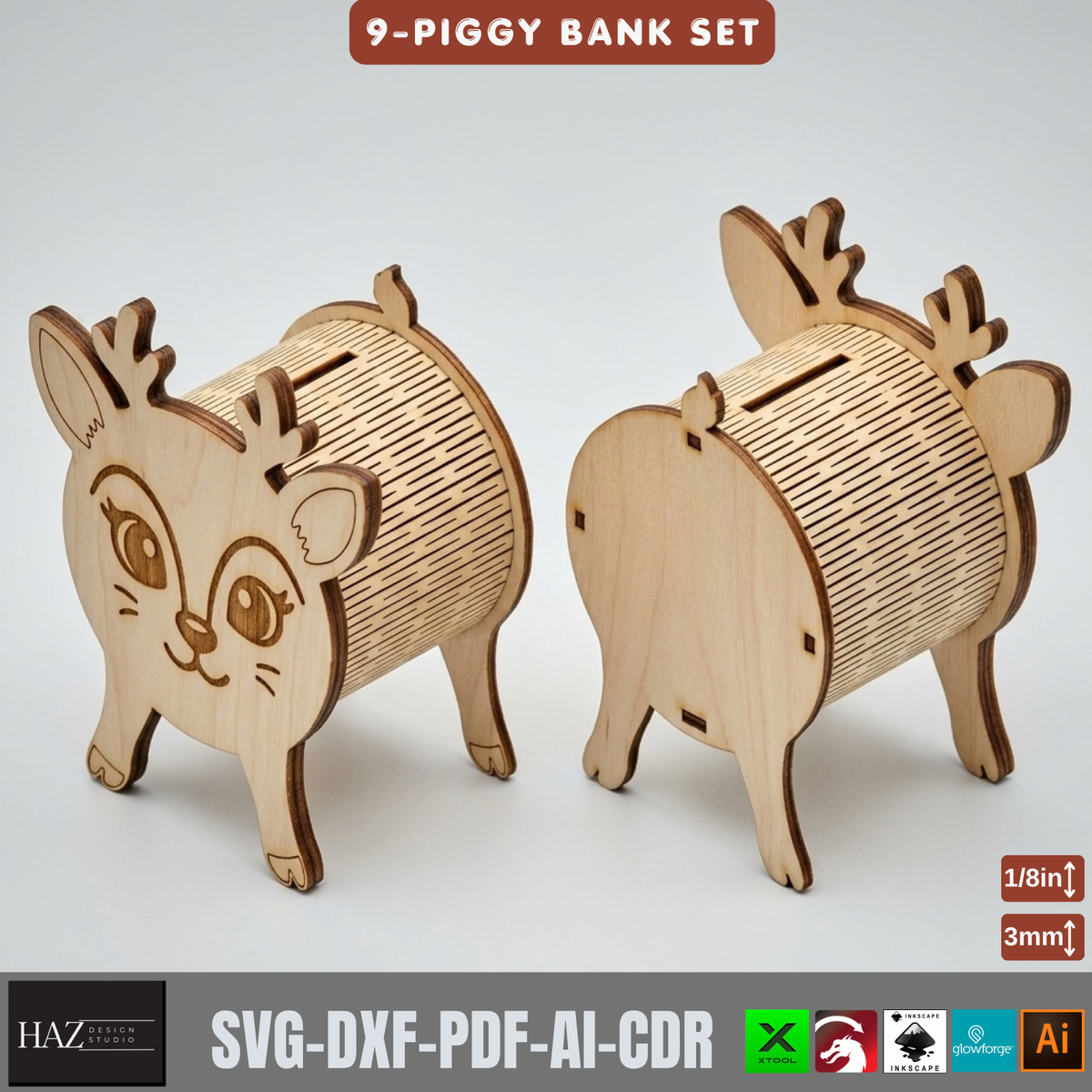 Wooden Animal Money Box Laser Cut Template, Cat Dog Pig Piggy Bank Set 574