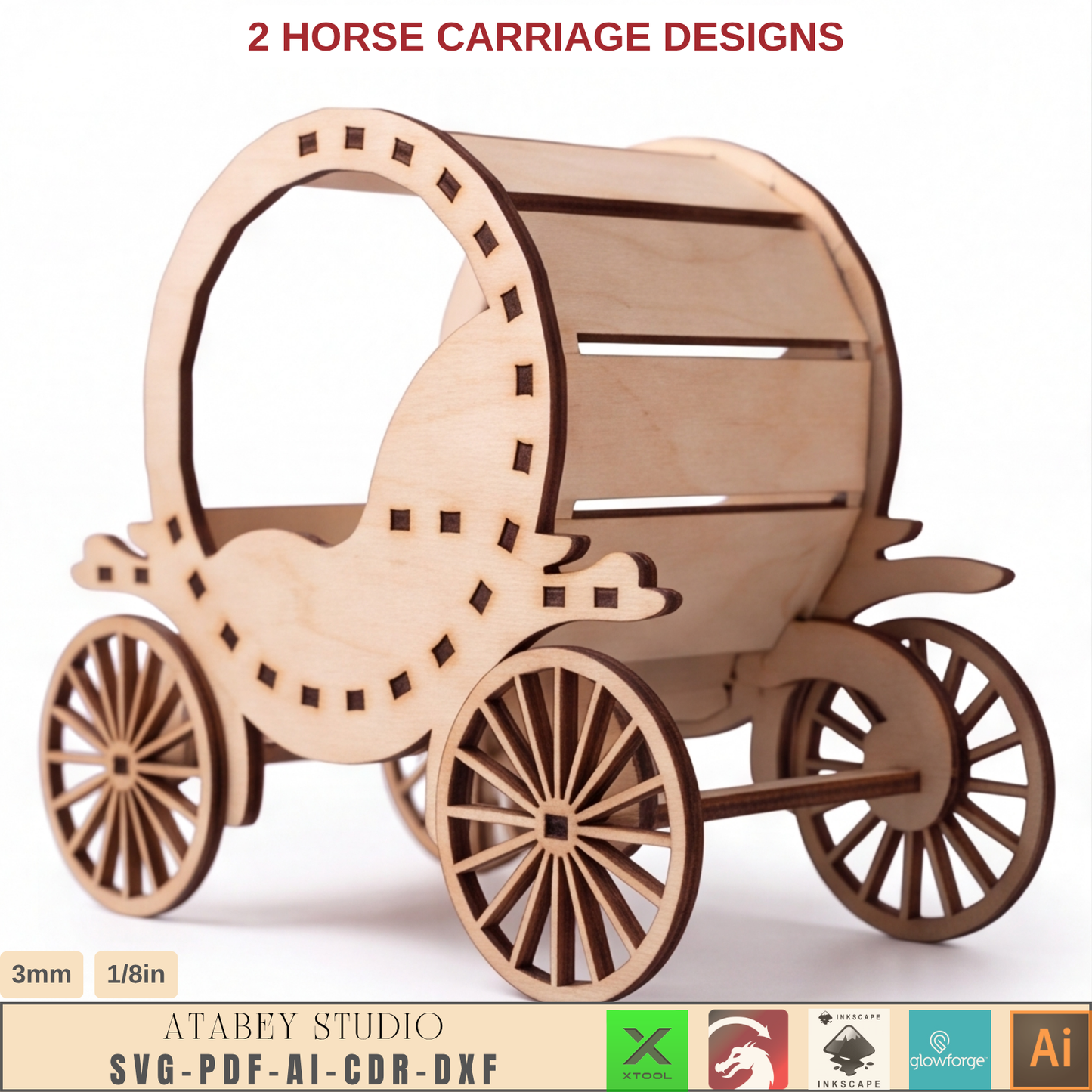 Wooden Horse Carriage Laser Cut Template, 2 Designs, SVG DXF AI PDF CDR Files