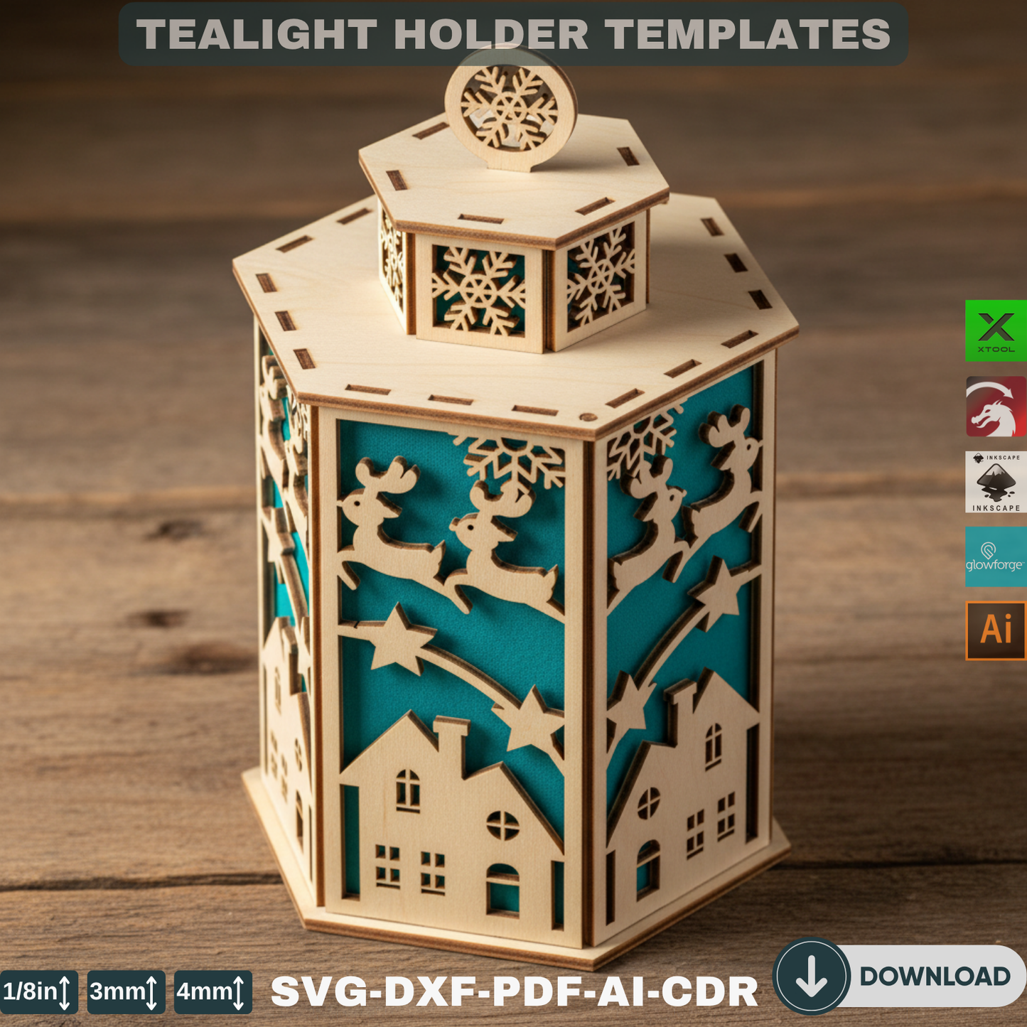 Laser Cut Christmas Lanterns – Wooden Tealight Holders -DIY Tabletop Lights - Set of Night Lights Decor - Holiday Winter Village Scene 903