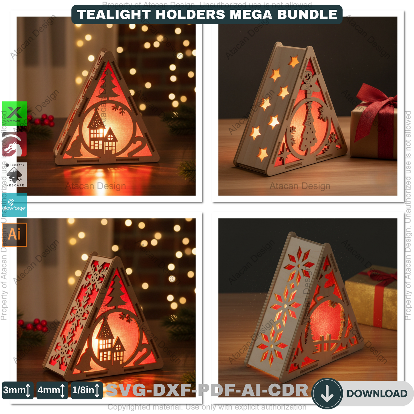 Christmas Pyramid Candle Holder Bundle Laser Cut Template Tealight Lantern Designs Winter Wood Decor Night Lights 919
