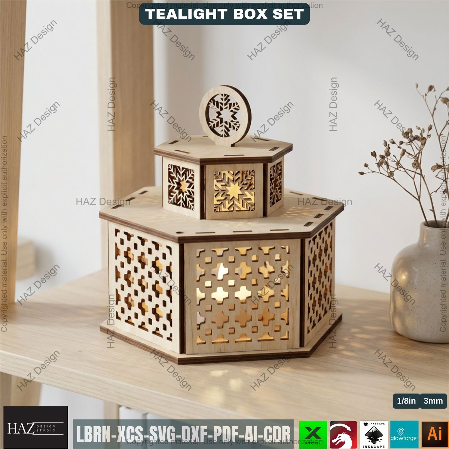 Festive Tealight Lanterns  – Christmas Candle Holder with Lid - Laser Cut Tabletop Decor - Tealight Box Lights 504