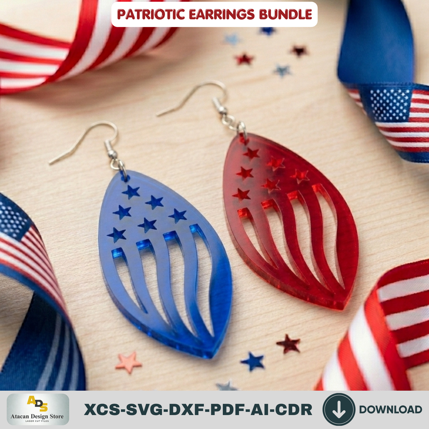 Patriotic Earrings Laser Cut Bundle, 4th of July USA Flag Acrylic Jewelry Template, Veteran Gift Design