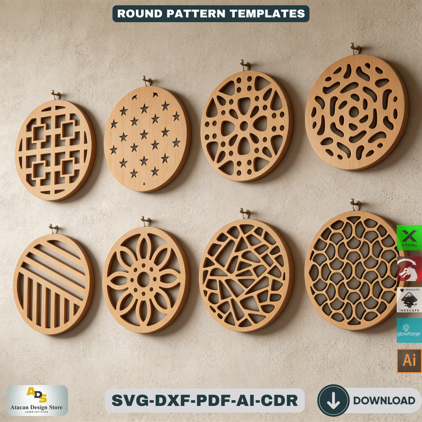 40 Coaster Svg Bundle, Wall Hanging laser cutting file, Laser Cut Vector Files, Coaster Templates 506