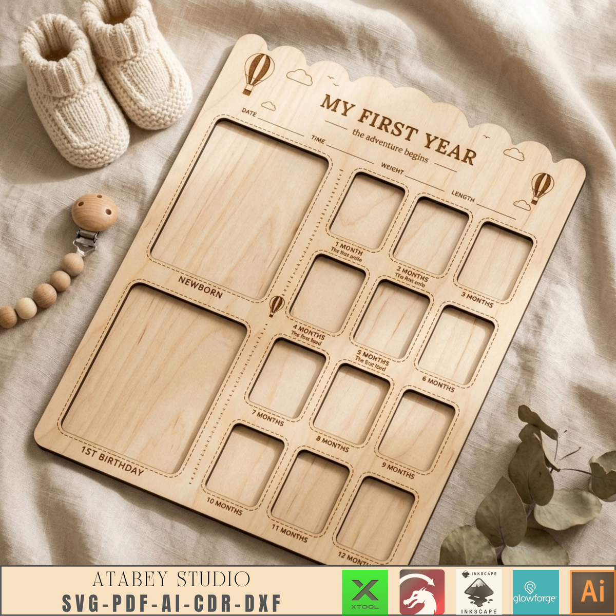 First Year Milestone Photo Board Collection – 7 Themed Laser Cut Templates