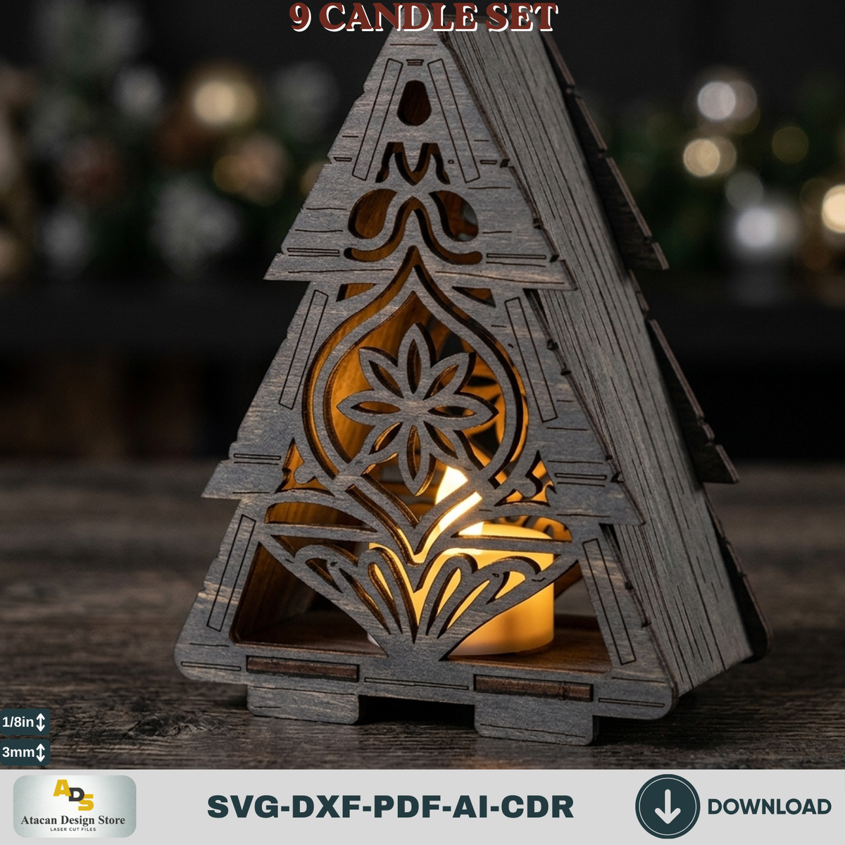 Laser Cut Christmas Lantern Bundle, Tealight Holder Template Set of 9, Snowflake Reindeer Gnome