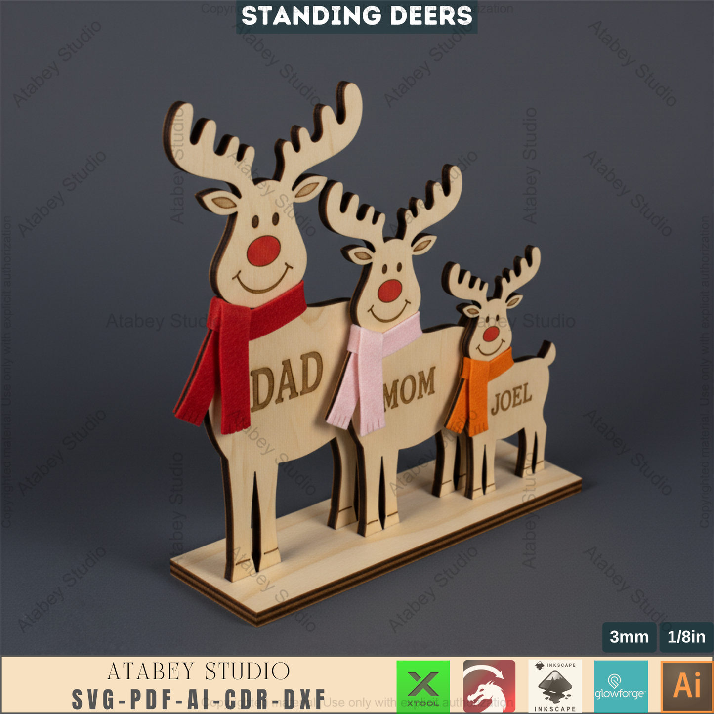 Personalized Reindeer Family Laser Cut Design, Freestanding Christmas Deer Decor, Custom Name Tabletop Sign 970
