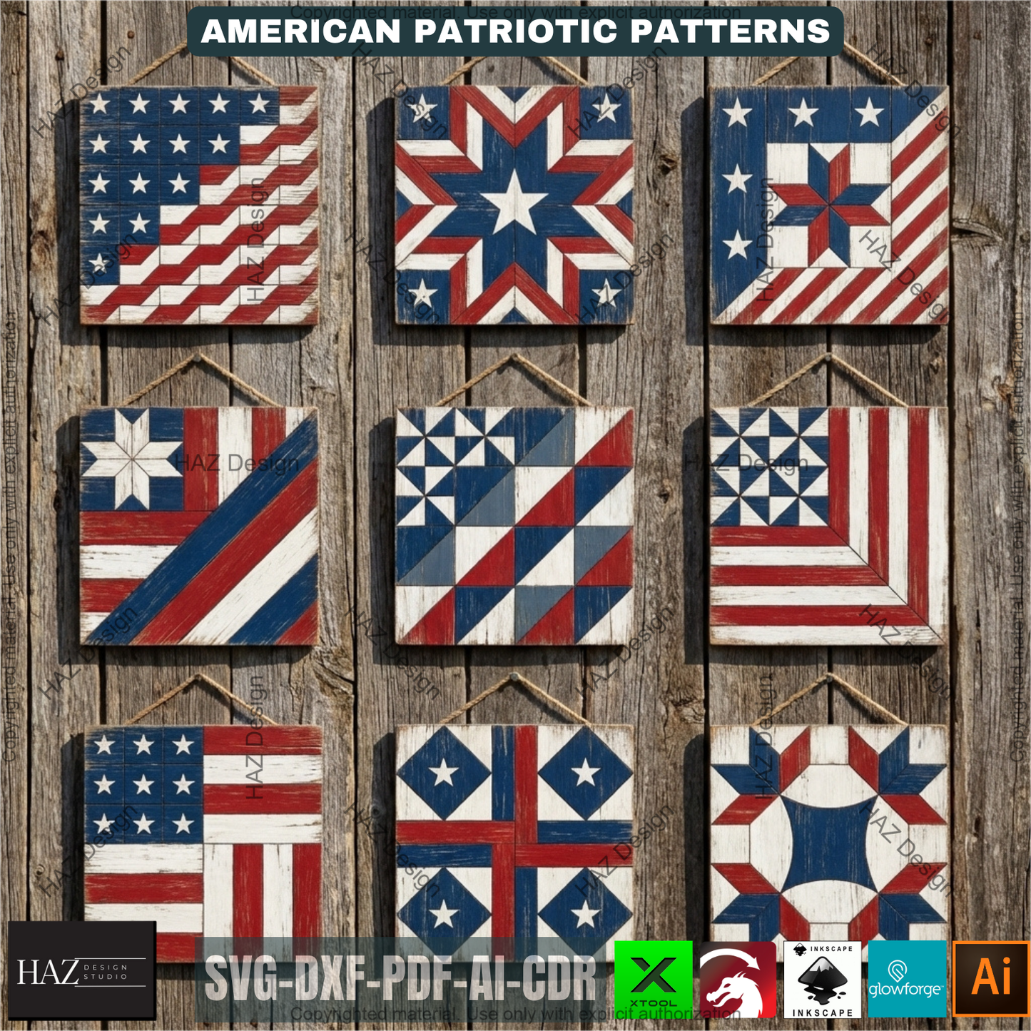 Americana Patriotic Barn Quilt Patterns, Rustic Wooden Star Art Cutting Templates 524