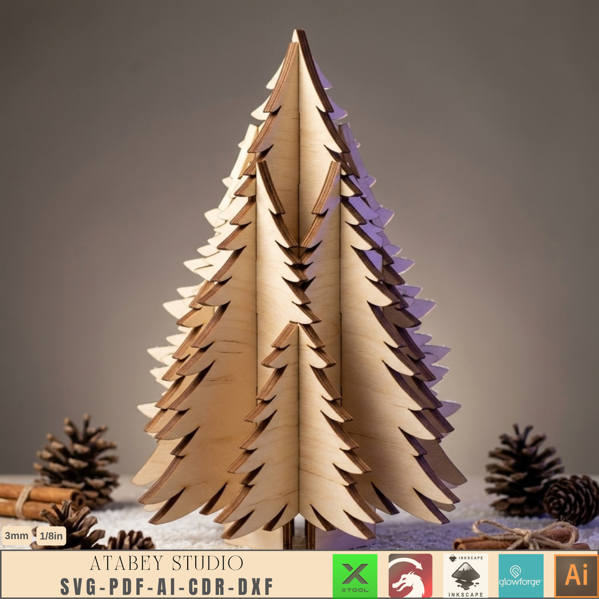 Plywood Christmas Tree Laser Cut File 3D Stand-Up Holiday Wood Decor DIY 1027