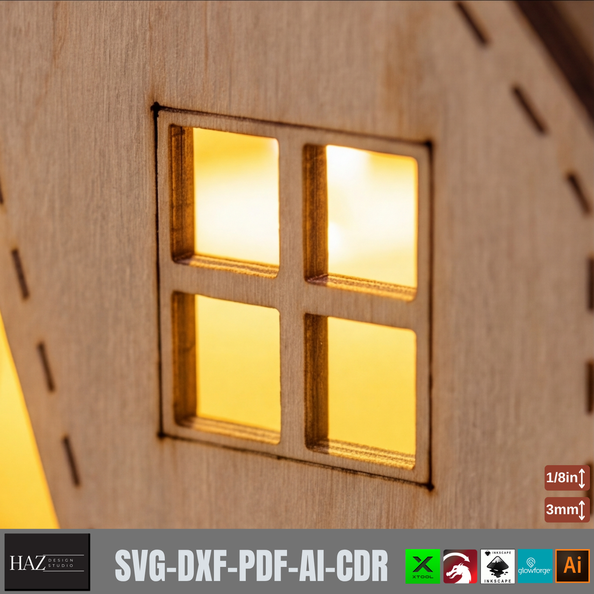 Wooden House Night Light Laser Cut Template, Tealight Candle Holder Plywood Decor 988