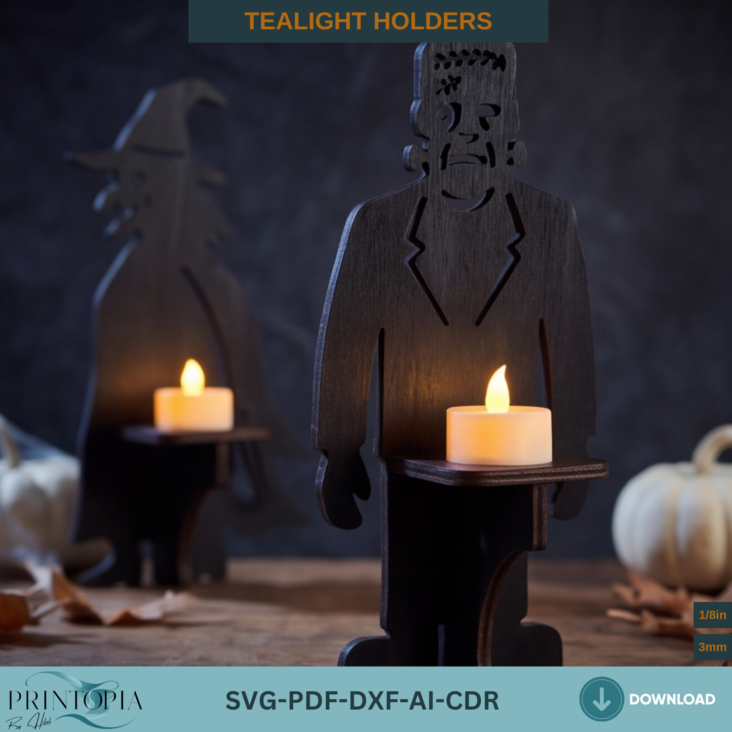 Halloween Monster Tealight Holder Laser Cut File SVG Vampire Witch Frankenstein