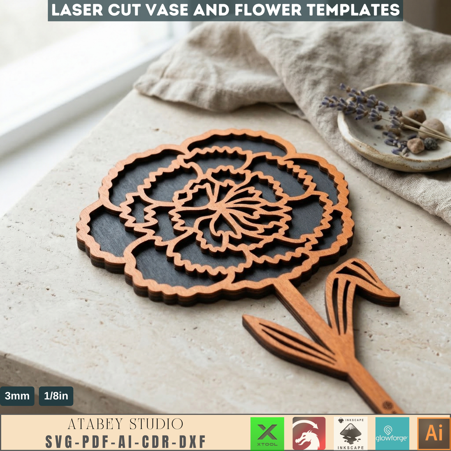Vases and Wildflower Templates, Layered Floral Table Decor Cutting Files, Wood Flower Bouquet 998