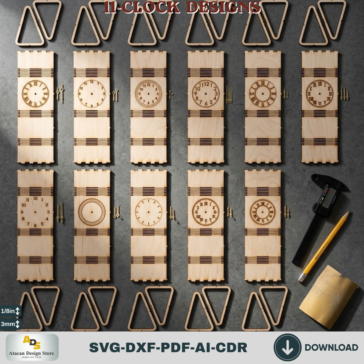 Laser Cut Plywood Desk Clock Pattern, Bent Wood Mantel Clock Template, Glowforge xTool Ready 987