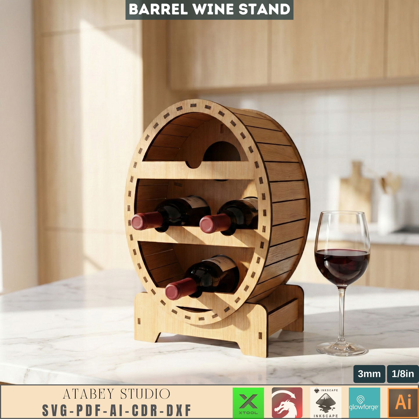 Barrel Wine Rack Laser Cut Plan, Wooden Bottle Holder Template, DIY Rustic Home Bar Decor, Tabletop Wine Stand Design 983