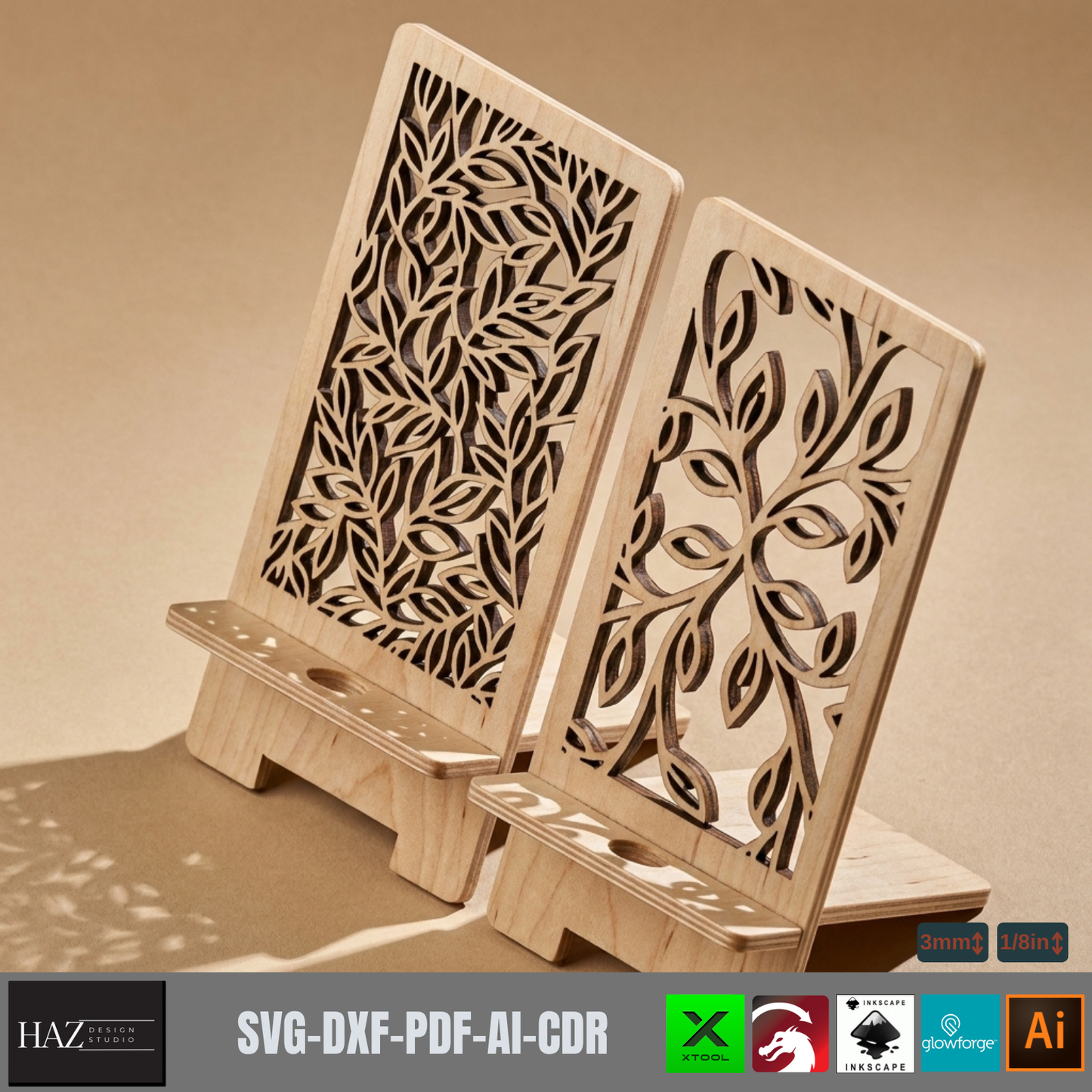 Laser Cut Floral Wooden Phone Stand Template Digital Pattern Mobile Holder Desk Accessory