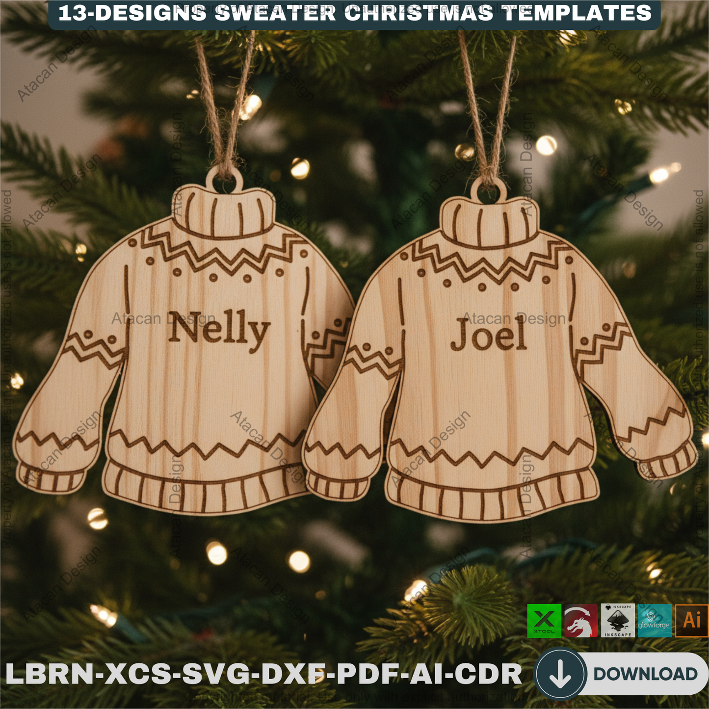Personalized Sweater Christmas Ornament Bundle | 13 Holiday Designs | Laser Cut Template Set for DIY Xmas Gifts 918