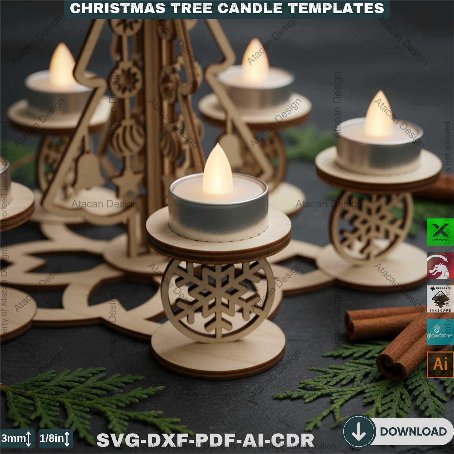 Festive Christmas Tree Tea Light Holder Laser Cut Digital Template, Holiday Advent Wreath Candle Stand, New Year Snowflake Tealight Decor 911
