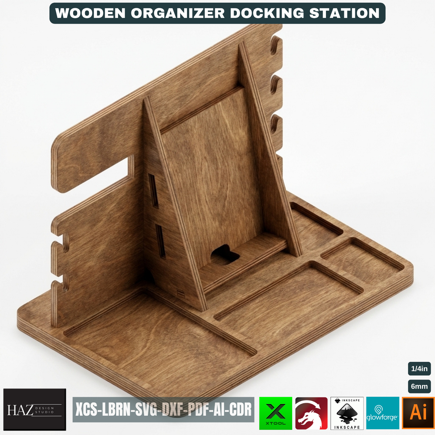 Wooden Docking Station Desk Organizer Phone Stand Men's Gift Bedside Organizer Wood Catchall Tray 530