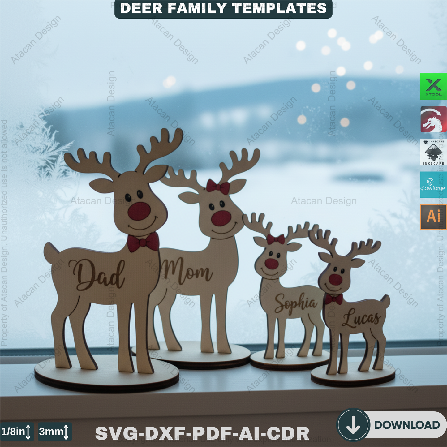 Custom Standing Reindeer Family Names Ornament, Freestanding Deer Laser Engraved Cut File, Christmas Decorations 916