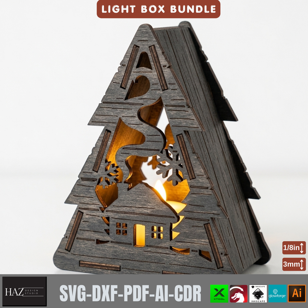 Wooden Christmas Light Box SVG Bundle, 9 Tealight Candle Holder Templates, Laser Cut Xmas Decor 580