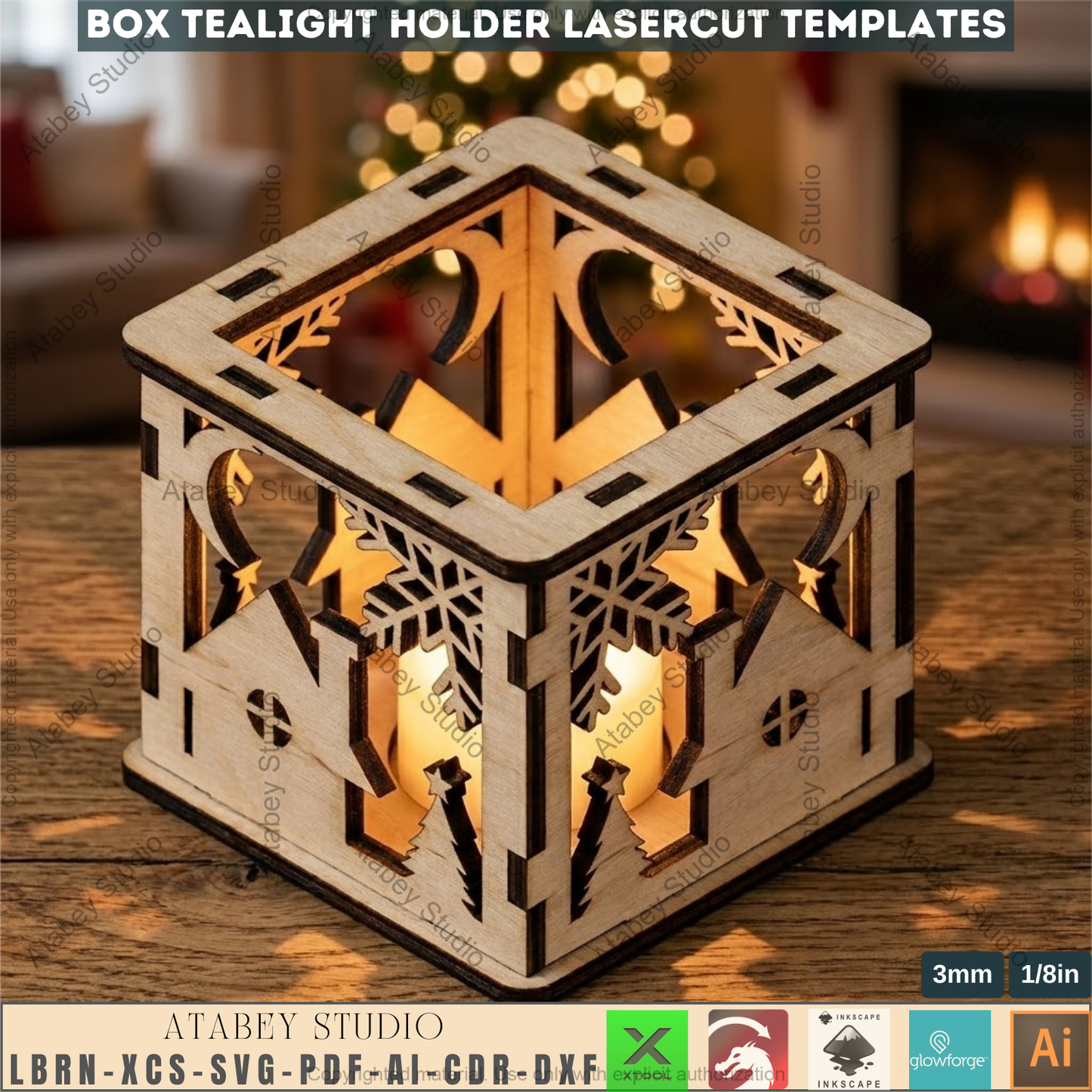 Christmas Tealight Lantern Box Laser Cut Templates,Holiday Candle Holder, Tabletop Decor SVG Files 972