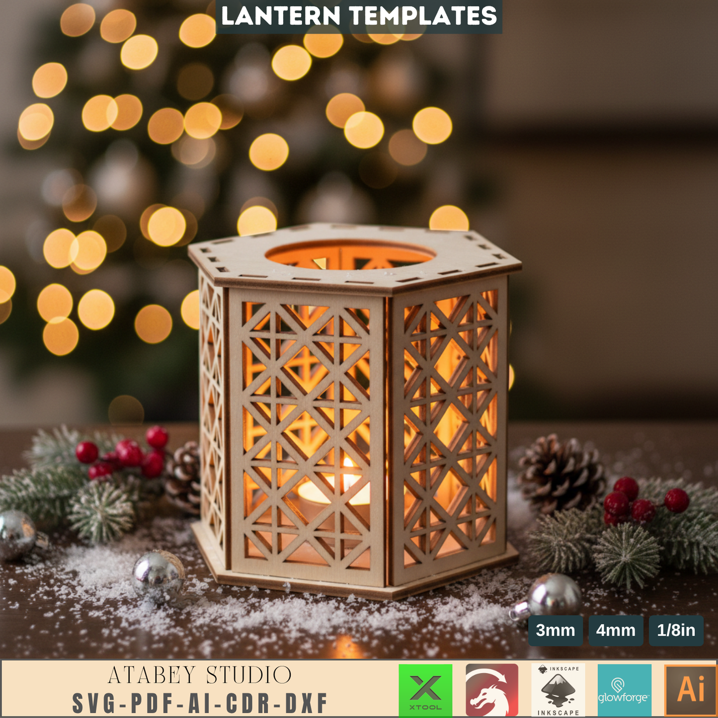 Unique Laser Cut Star Ornaments for Christmas Tree Decor & Holiday Crafts - Lantern Night Light Template, Laser Cut Wood Lampshade Plan, DIY Table Centerpiece 958