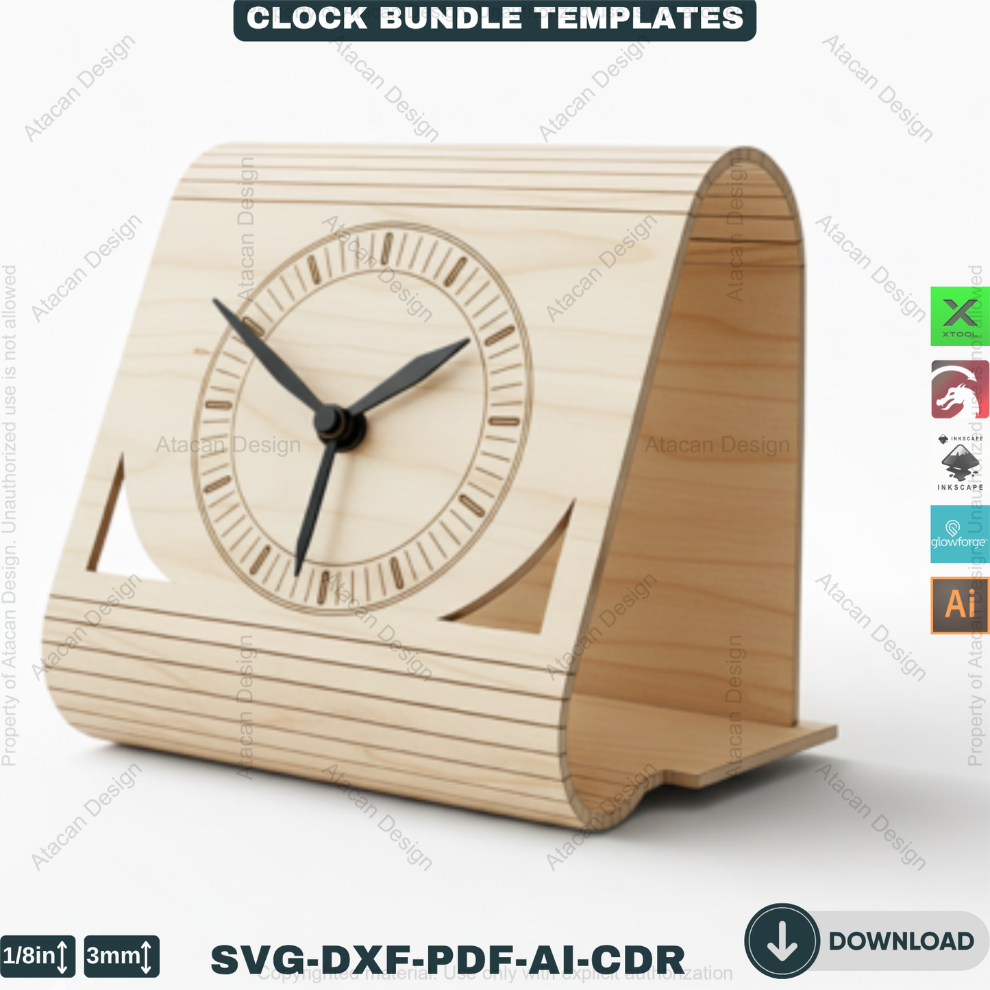 Laser Cut Clocks, Modern Desk Clock Templates, DIY Wooden Table Clock Plans, CNC File for Glowforge, Xtool & Lightburn 914