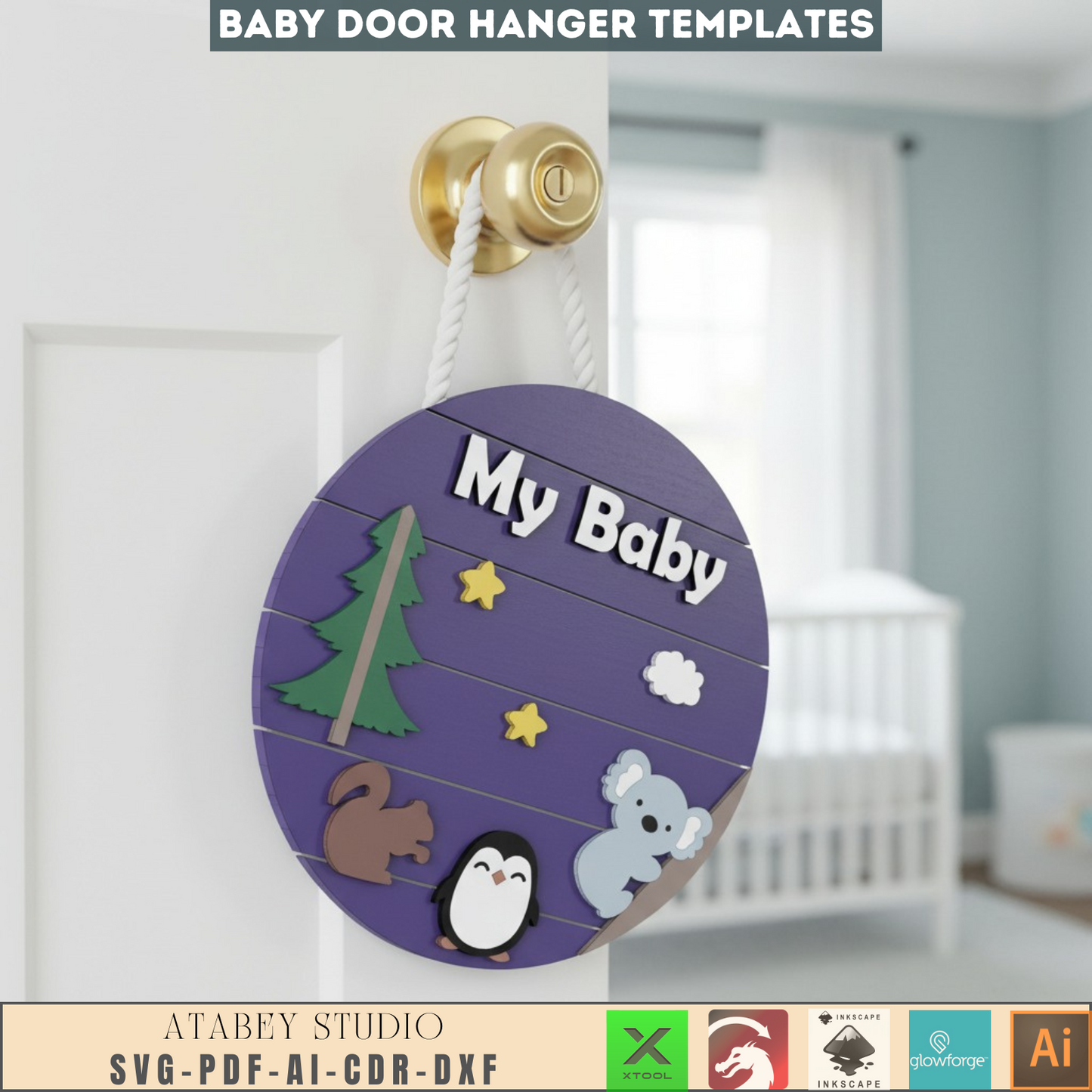 Baby Nursery Door Hanger SVG Bundle, Laser Cut Files for Newborn Gifts, Woodland Animals & Moon Themes, Digital Download