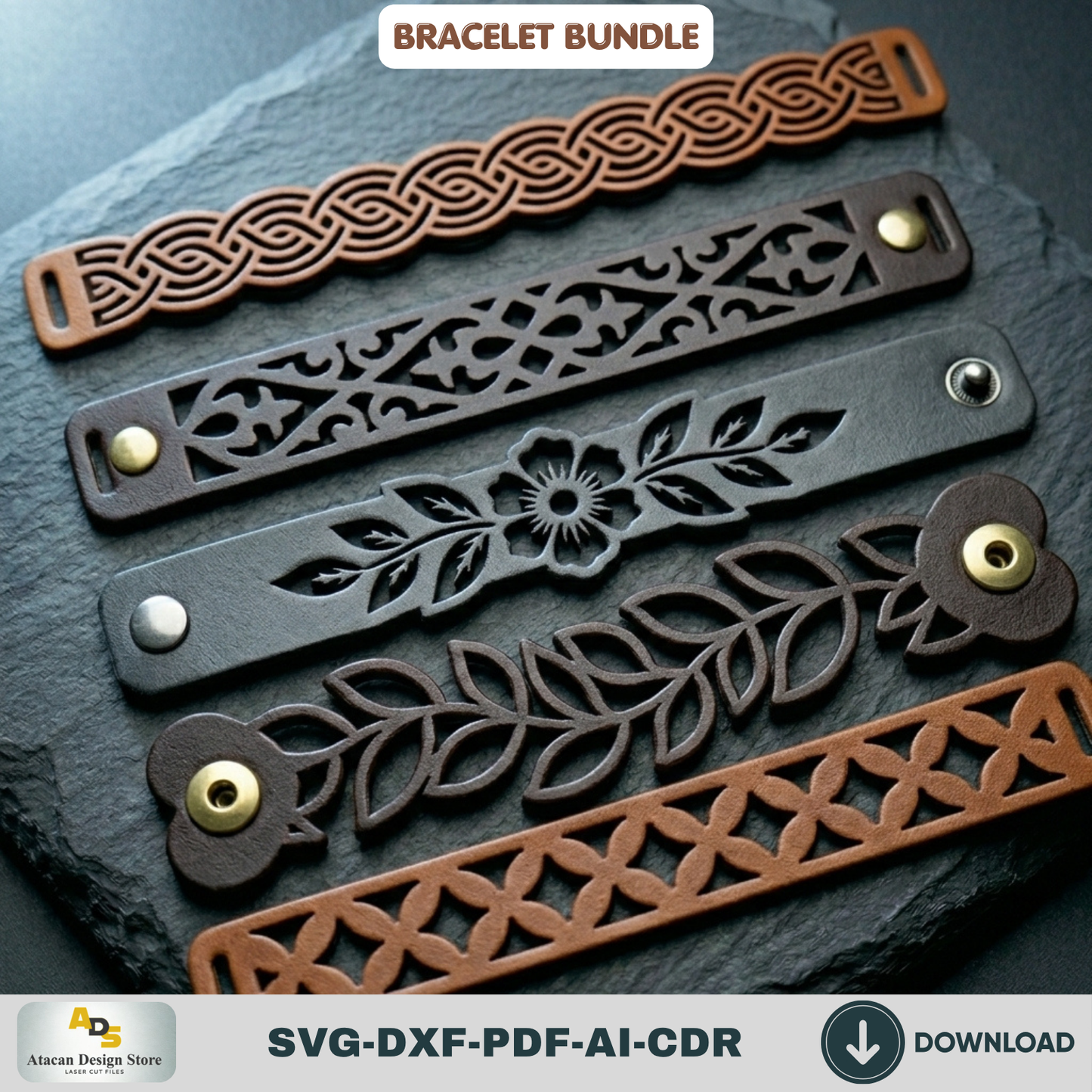Leather Bracelet Laser Cut Template Bundle, Boho Geometric Cuff Wristband Pattern