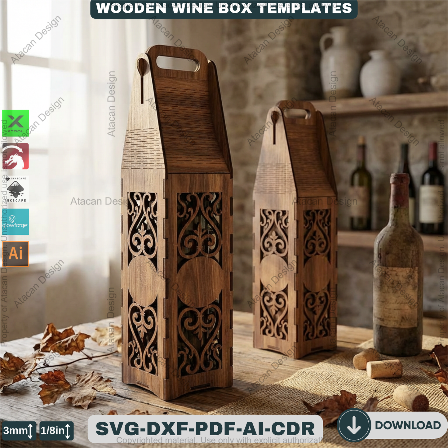 Laser Cut Wine Bottle Gift Box Bundle Wooden Wine Carrier Holder Pattern for Glowforge CNC Engraved Wine Box Plan 934