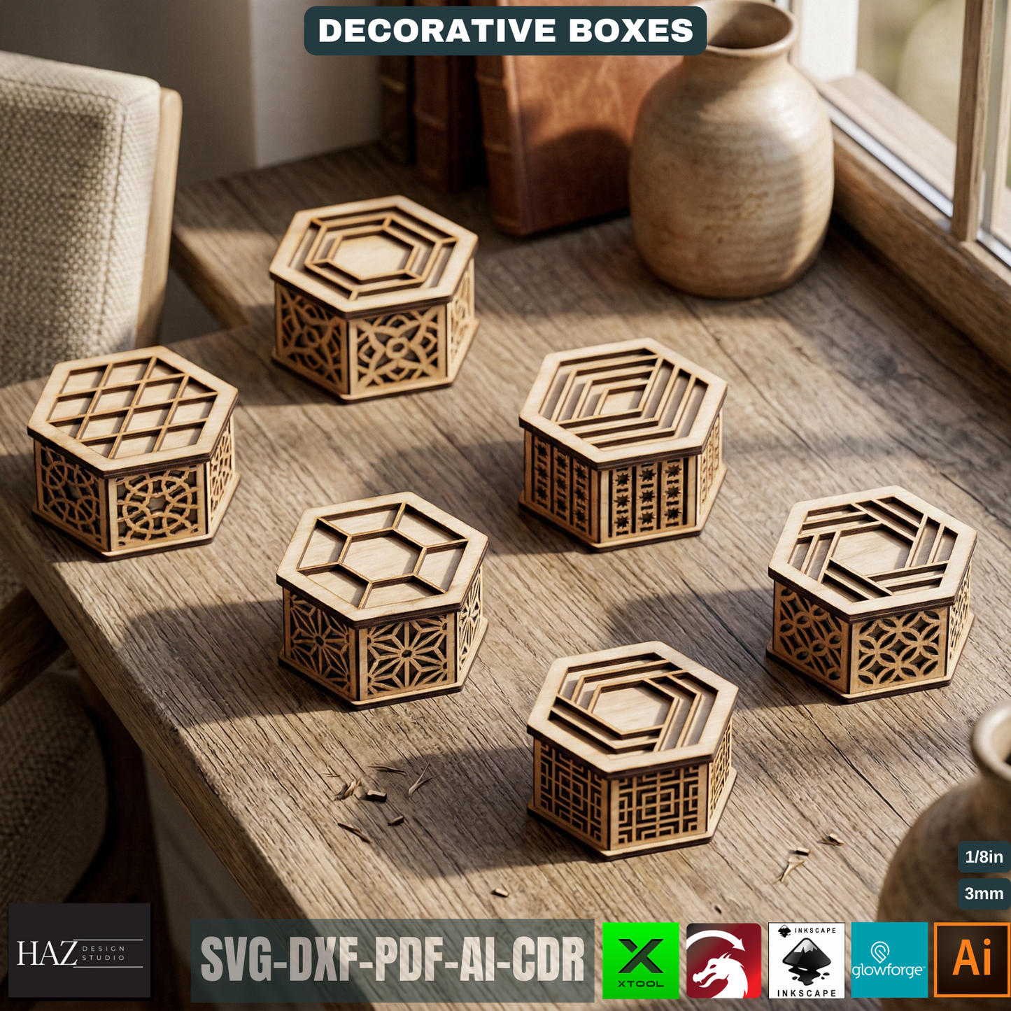 Decorative Hexagon Box Laser Cut Template Geometric Wood Storage Container Lidded Keepsake Pattern 521
