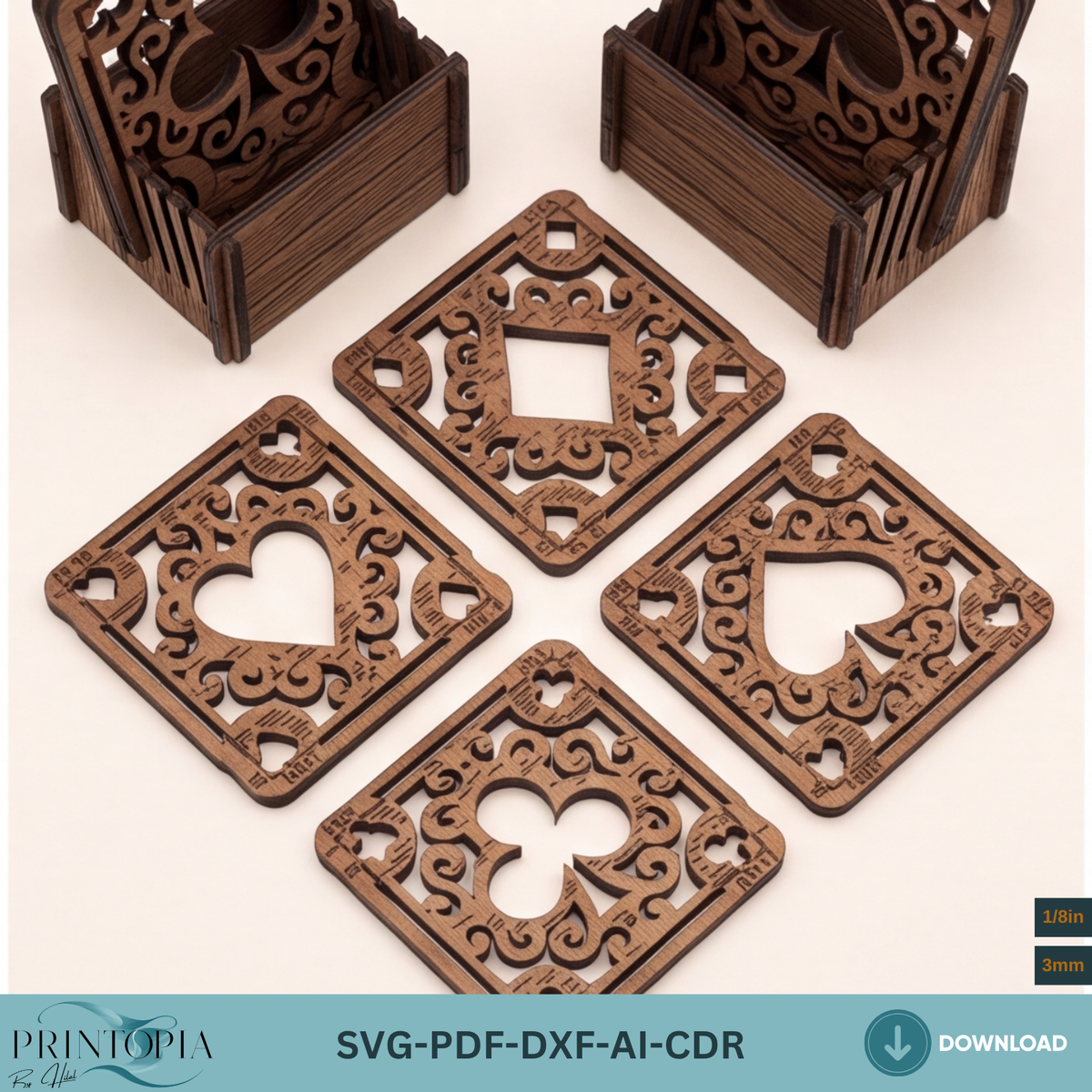 Wooden Deck of Cards Coaster Laser Cut Design Viking Rune Coaster Box Template 381