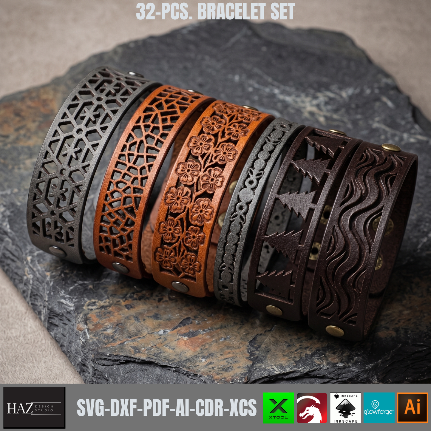 32 Pcs Leather Cuff Bracelet SVG Bundle, Laser Cut Templates , Geometric Pattern Wristband