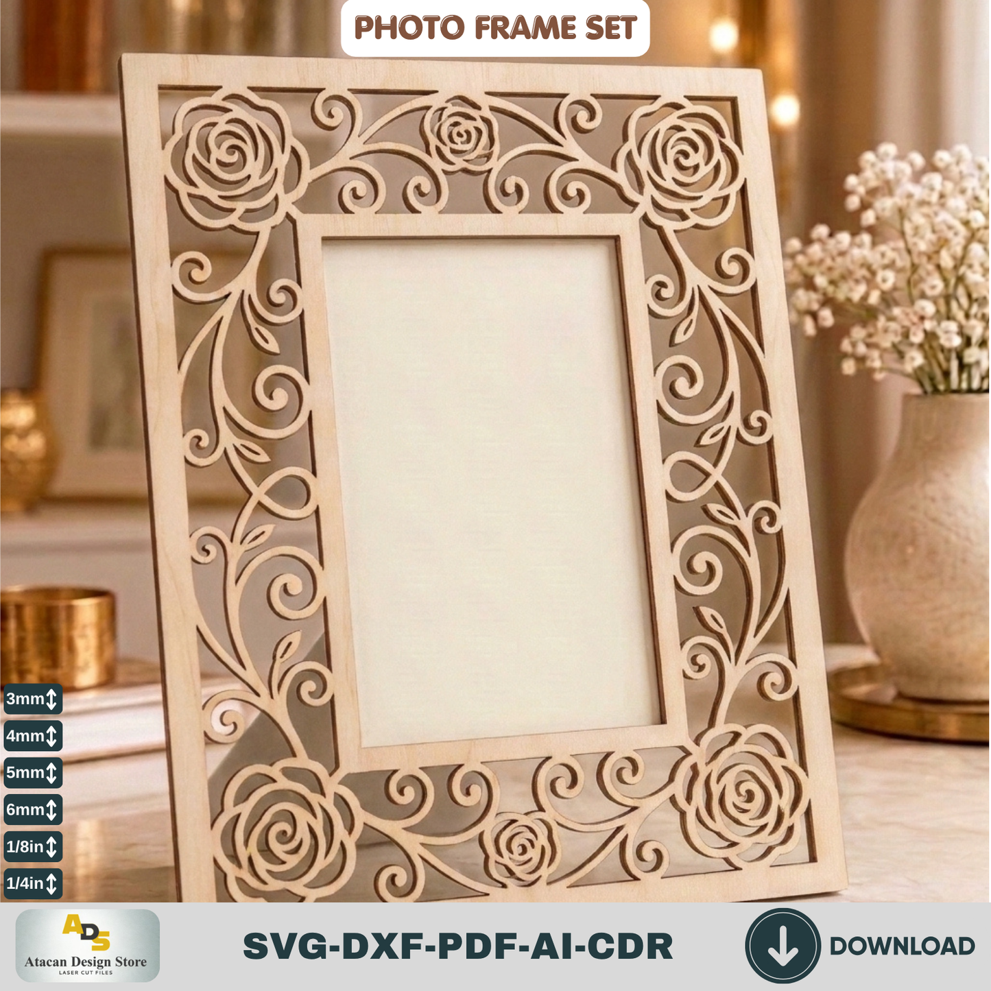 Laser Cut Photo Frame SVG Bundle – Floral Rustic Wood Home Decor Template