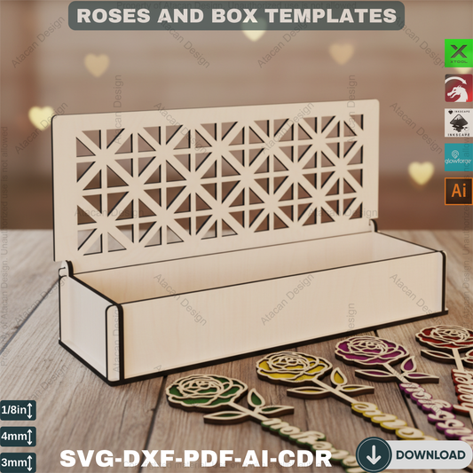 Rose Box Laser Cut Design - Perfect Valentine’s Day Gift - Elegant Wooden Flower Art,Romantic Rose Box Design,Laser Cut Rose Box 816